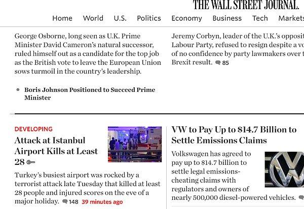 The Wall Street Journal diğer sitelerin aksine saldırıyı manşetten değil, son dakika haberlerinden verdi.