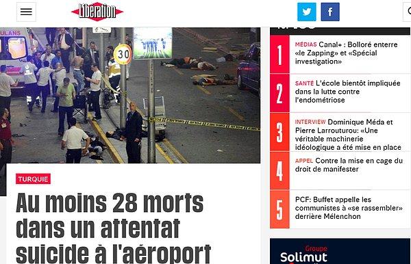 Son yıllarda terör saldırılarına maruz kalan Fransa'dan Liberation gazetesinin web sitesi de saldırıyı manşetine taşıdı.