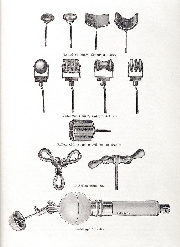 Titreşimli masaj için geliştirilen aletleri gösteren illüstrasyon. (1906)