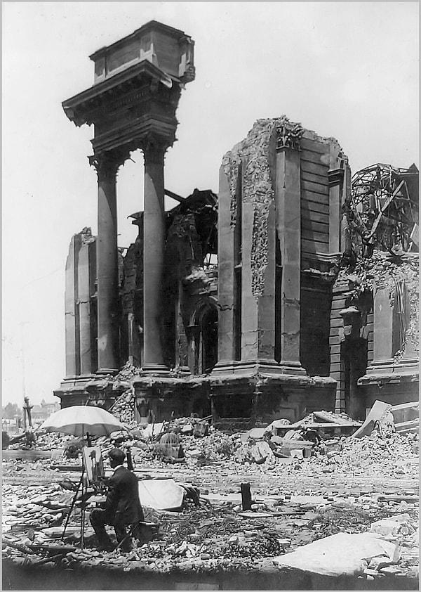 4. San Francisco depremi sonrası kalıntıların resmini çizen bir ressam, 1906.