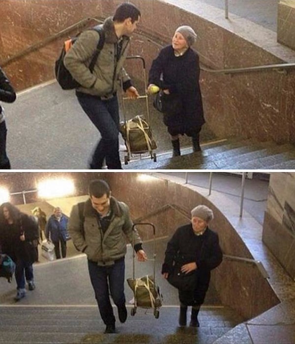 18. Парень помогает бабушке с тележкой