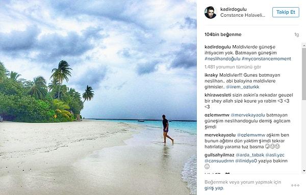Kadir Doğulu, "Maldivlerde güneşe ihtiyacım yok. Batmayan güneşim #neslihandoğulu" dedi ve sosyal medyada en çok konuşulanlardan oldu. Fotoğraf yüzlerce beğeni aldı.
