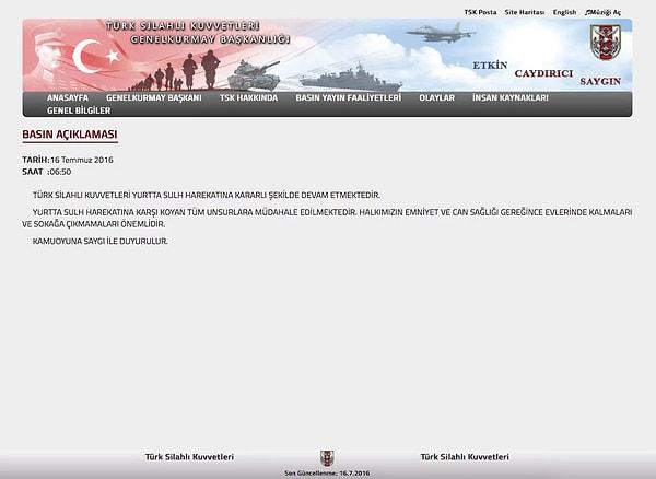 TSK resmi sitesinden son açıklama: 'Yurtta sulh harekatı kararlı şekilde devam etmektedir'