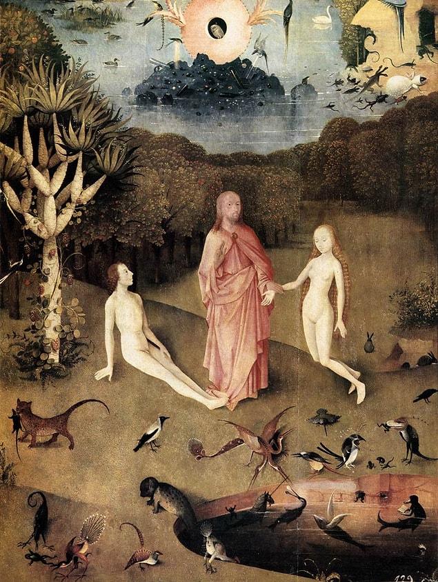 5. In the heaven panel, there shines out the description of Adam meeting Eve. This composition, in a way, is the blessing of the relationship between them. On the background, there is a dragon tree representing eternal life.