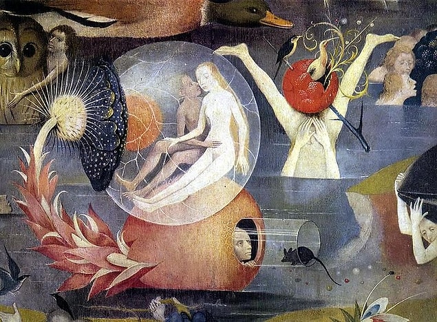 9. In fact, interaction of real and imaginary characters with each other, as well as with animals and nature, composes a surreal landscape in the middle panel.
