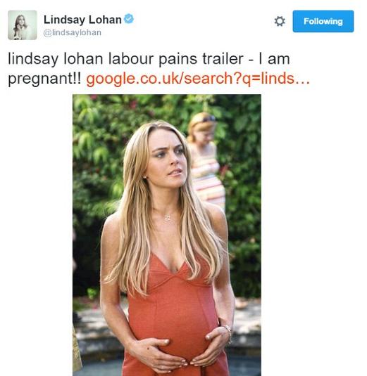 Ardından yine aşırı ilginç bir tweet paylaştı: "Lindsay Lohan doğum sancıları çekiyor fragmanı - Hamileyim!"