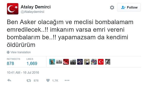Demirci Twitter hesabından birçok ünlü gibi darbeyi kınayan açıklamalar yaptı.