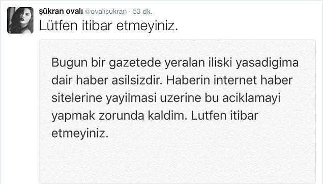 Fakat o dönemde Şükran Ovalı, aşk iddialarını yalanlamıştı.