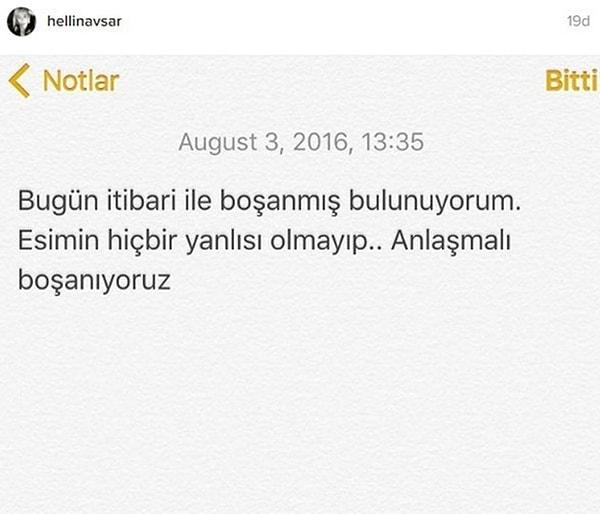 9. Helin Avşar, Instagram üzerinden önce boşandığına dair böyle bir paylaşım yaptı; sonraysa hacklendiğini söyleyerek bu bilginin doğru olmadığını açıkladı.
