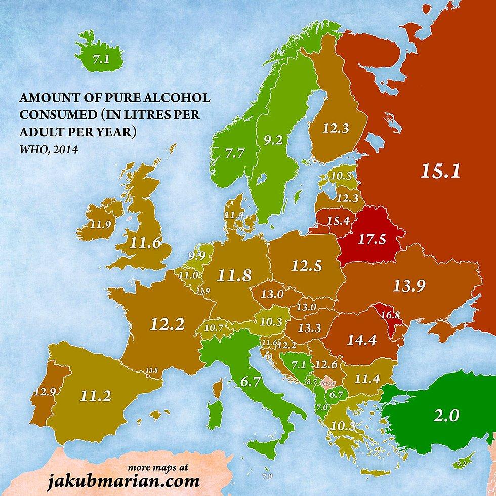 Ülkelere Göre Yetişkin Başına Tüketilen Alkol Miktarı (litre)