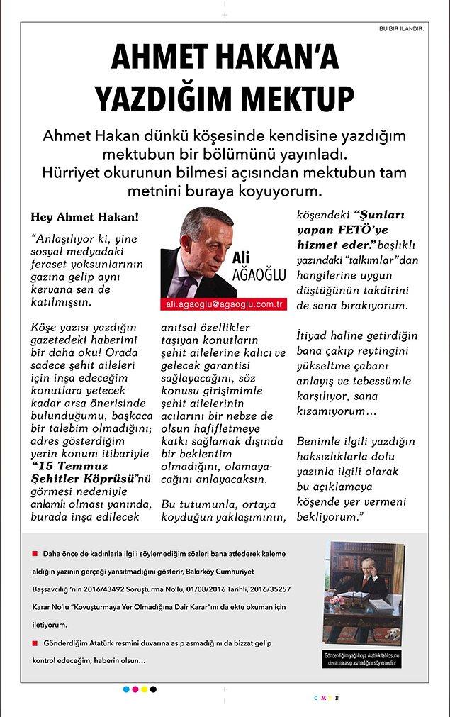 Tam sayfa ilan ile Ahmet Hakan'a yanıt