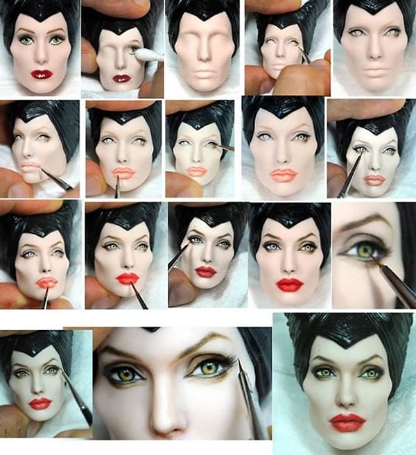 А здесь показан сам процесс раскрашивания лица куклы: