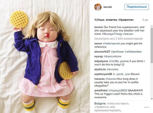 4. Затем Изумикава одела малышку, как Одиннадцать из "Очень странные дела" и выложила снимок в Instagram. Фото набрало более 10 тыс. лайков всего за несколько дней