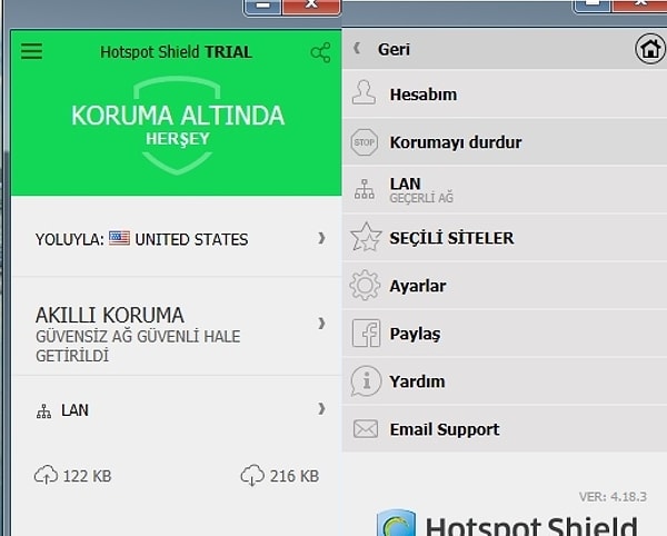 Hotspot Shield programı kurulduğunda otomatik olarak VPN bağlantısını başlatır.