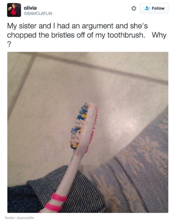 16. "Kız kardeşimle tartıştık ve diş fırçamın kıllarını kesmiş. Neden?"