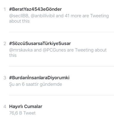 Bugün Twitter'da 'Türkiye'nin en çok konuşulanlar' listesinde alışılmışın dışında bir etiket vardı: #BeratYaz4543eGönder