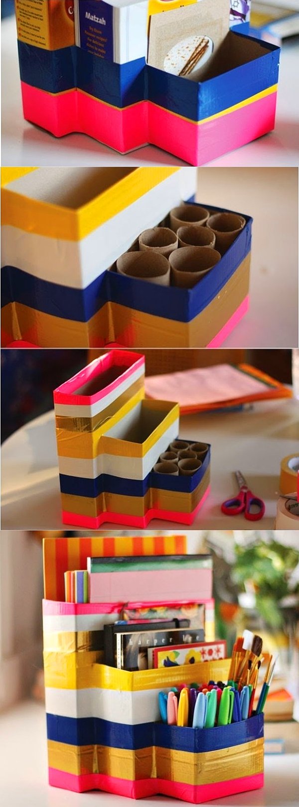 6. Çocuklarınızın çalışma masalarını renklendirmek için boş kartonlardan yapabileceğiniz şeker mi şeker bir ödev kutusu 🤗