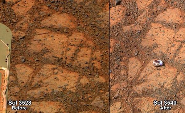 8. Mars'ta bulunan uzay aracı "Opportunity", nereden geldiği belli olmayan bir kaya tespit etti. İşte aynı bölgenin 12 gün arayla çekilmiş iki fotoğrafı: