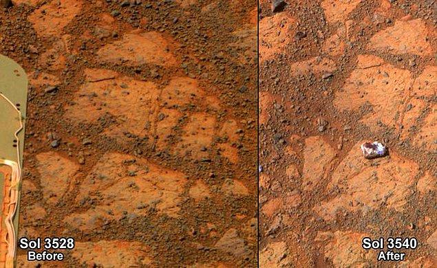 11. Mars'ta bulunan uzay aracı "Opportunity", nereden geldiği belli olmayan bir kaya tespit etti. İşte aynı bölgenin 12 gün arayla çekilmiş iki fotoğrafı: