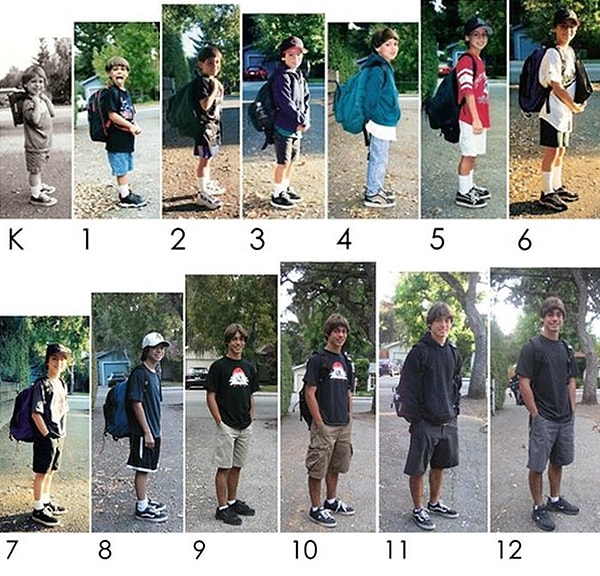 2. "Мой сын сейчас учится в университете. На протяжении 13 лет мы каждый год фотографировали его в первый учебный день"