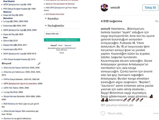 Samuel Eto'o, Instagram hesabından bu paylaşımı yapmıştı