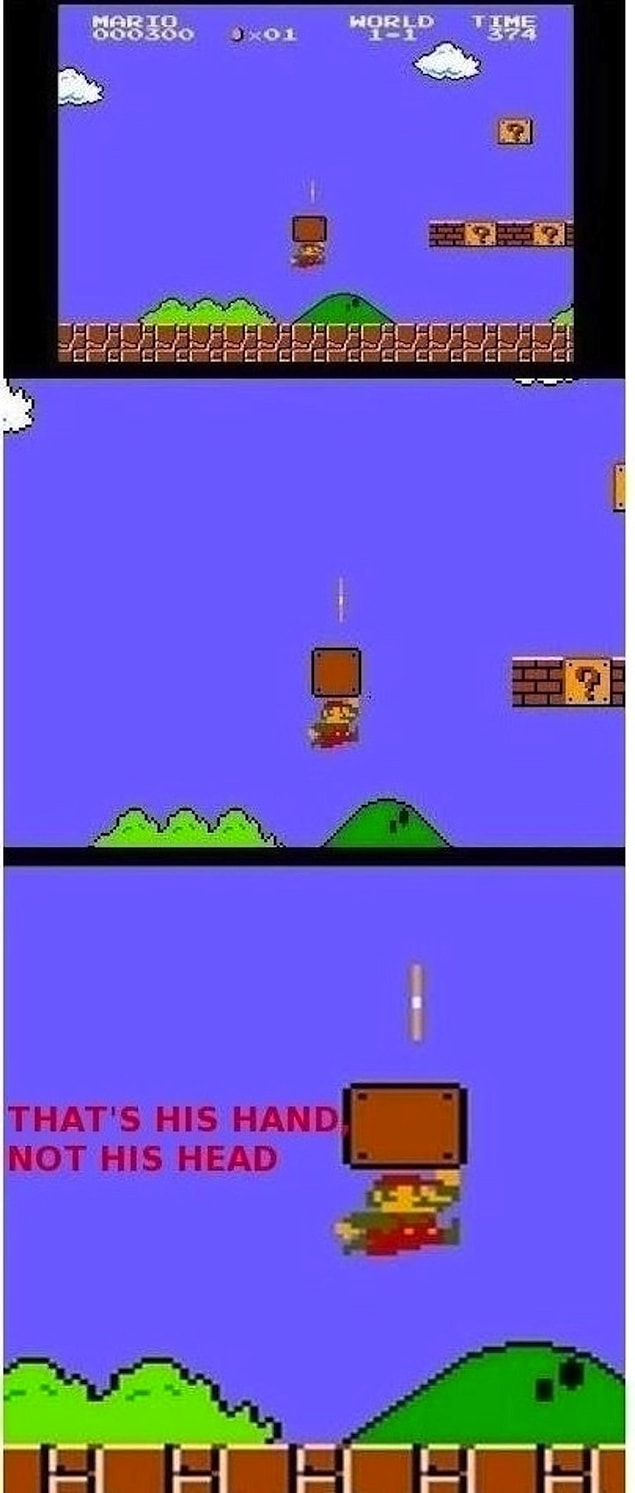 9. Mario hits blocks with his hand, not his head.