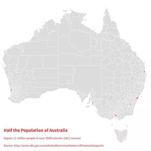 3. 23 milyonluk Avustralya nüfusunun yarısı, haritada gördüğünüz kırmızı alanlarda yaşamaktadır.