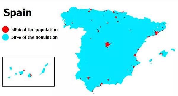 8. İspanya nüfusunun %50'lik kısmı, haritadaki kırmızı alanlarda yaşamaktadır. Ayrıca %14'lük kısmı da, ülkenin tam ortasında bulunan Madrid kentinde bulunmaktadır.