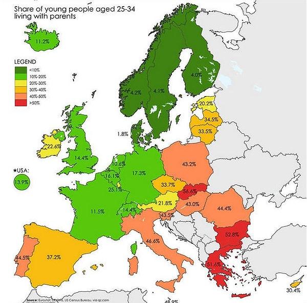 14. Avrupa'da 25-34 yaş arası, ebeveynleriyle yaşayan insanların haritası