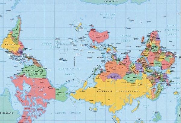 20. Dünya haritası ters çevirilseydi, dünya ülkelerini böyle görecektik.
