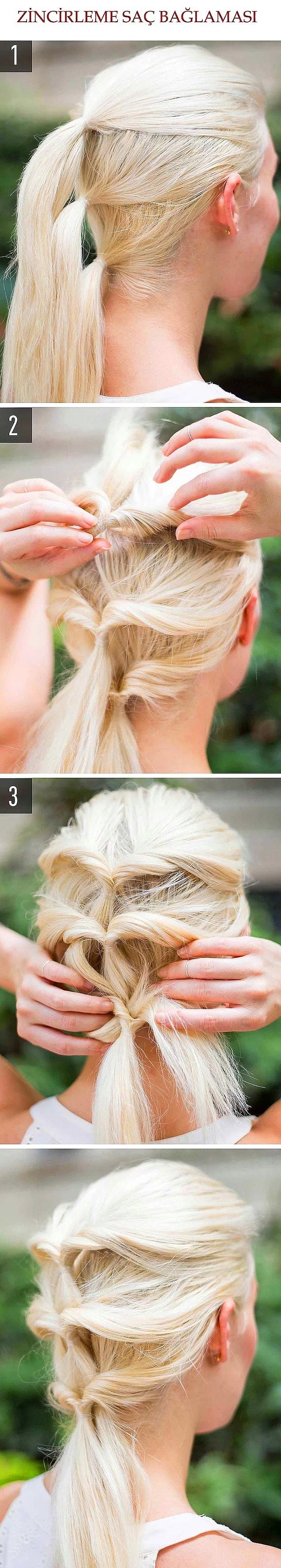 21. Make small ponytails along the same line, depending on how long and thick your hair is. Split the top of the ponytail in the middle, reverse the ponytail into the split. Put the ponytails in each other starting from the top. Don't forget to enjoy your cool hairdo.