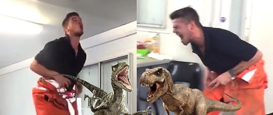 İş Yerinde Sıkılan Adamdan Çalışma Arkadaşlarına Muhteşem T-Rex ve Velociraptor Taklidi