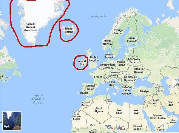 1. İrlanda, İzlanda ve Grönland adaları.