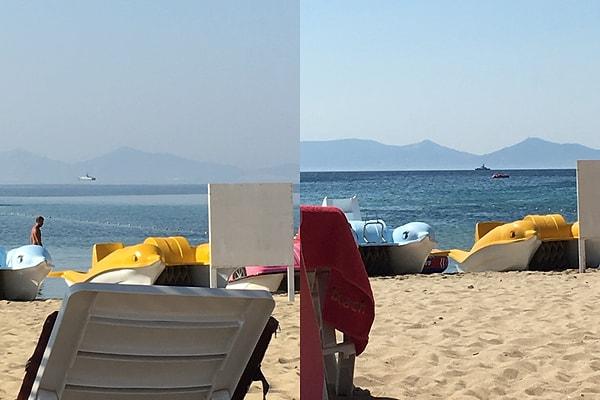 Midilli açıklarında çekilen iki fotoğraf: Solda, uçuyor gibi duran Yunan gemisini görüyorsunuz. Sağda ise birkaç saat sonra çekilmiş normal görüntüsü.