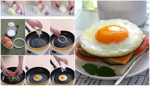 4. Если хотите сделать идеально круглую глазунью, используйте луковое колечко.