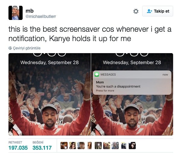 "En iyi ekran koruyucu bu çünkü ne zaman bir bildiri alsam, Kanye benim için havaya kaldırıp tutuyor!"