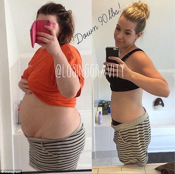 Rachel 106 kg'dan 65 kg'a düşüşünü sadece doğru beslenerek ve egzersiz yaparak başardığını gururla anlatıyor.
