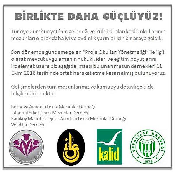Kadıköy Anadolu Lisesi, İstanbul Erkek Lisesi, Vefa Lisesi ve Bornova Anadolu Lisesi’nin mezun dernekleri ortak hareket etme kararı aldı