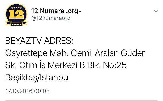 Rasim Ozan'ın yorumları üzerine Fenerbahçe taraftar gruplarından 12 Numara'nın Twitter hesabı, Beyaz Tv'nin adresini paylaştı.