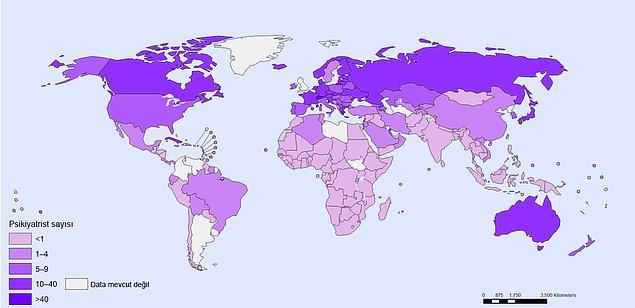 2. Her 100 bin kişi başına düşen psikiyatrist sayısına göre dünya ülkeleri böyle görünüyor.