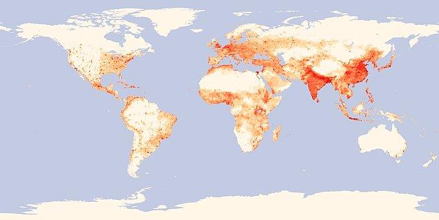 4. Dünyamızın nüfus yoğunluğu haritası ise böyle.