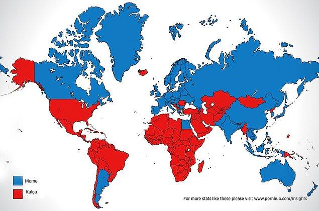 6. Pornhub'ın istatistiklerine göre mavi renkli ülkelerde meme, kırmızı renkli ülkelerde ise kalça daha çok aratılıyor.