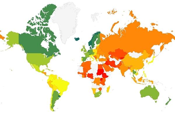 10. Eşcinsellerin ne kadar mutlu ve huzurlu yaşadığını gösteren bu harita, en huzurludan en tedirgine doğru ülkeleri sıralamış.