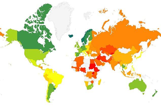 10. Eşcinsellerin ne kadar mutlu ve huzurlu yaşadığını gösteren bu harita, en huzurludan en tedirgine doğru ülkeleri sıralamış.