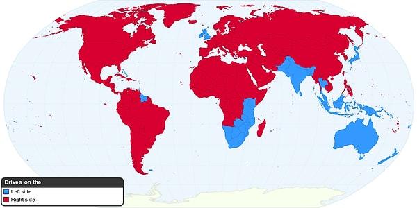 22. Kırmızı ülkelerde trafik sağdan akarken, mavi ülkelerde soldan akıyor.