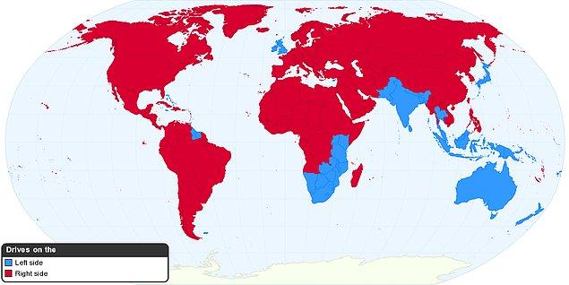 14. Kırmızı ülkelerde trafik sağdan akarken, mavi ülkelerde soldan akıyor.