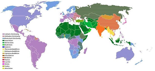 Dinlerin yaygınlığa göre dünya üzerindeki dağılımlarını görüyoruz.