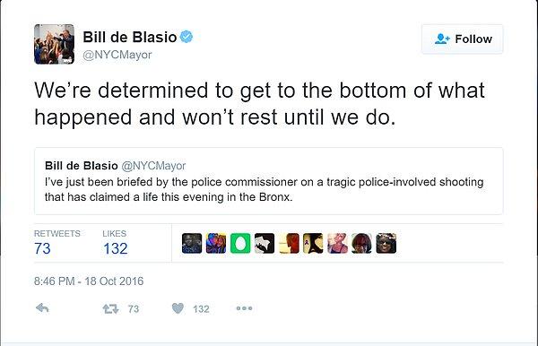 New York Valisi Bill de Blasio paylaştığı bir  tweet ile şöyle dedi: "Ne olduğunun asıl sebebini bulmaya kararlıyız ve bulana kadar da peşini bırakmayacağız."
