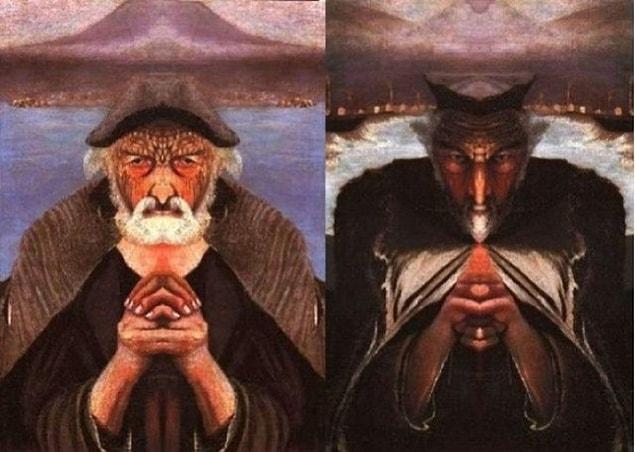 When you hold a mirror to the middle of the painting, you can spot God and the Devil, according to the artist's statement.
