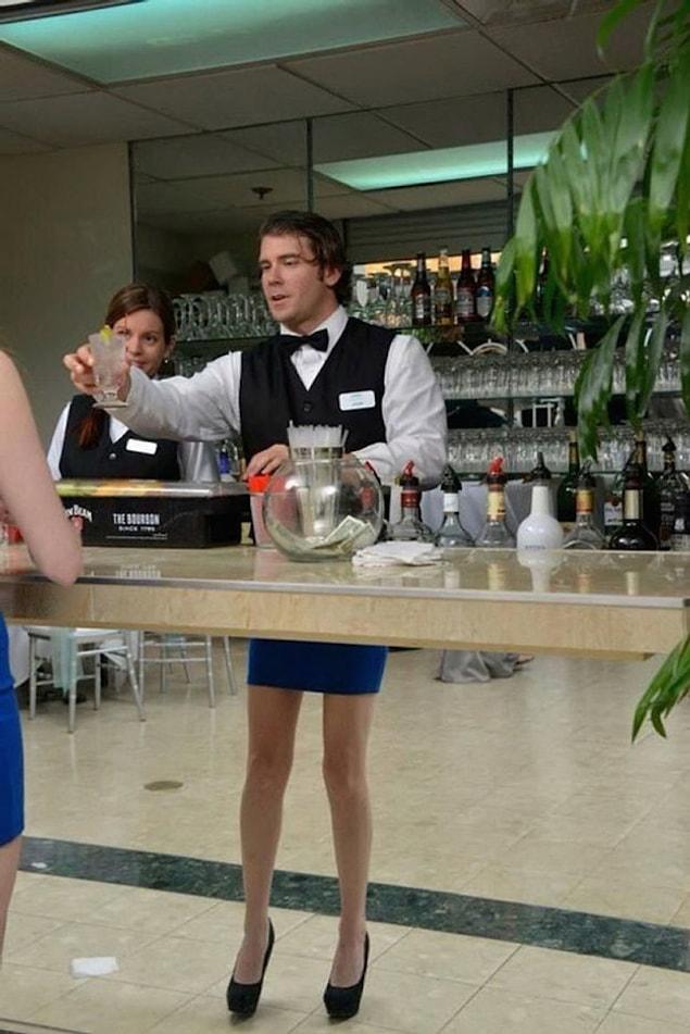 2. This bartender isn’t wearing a skirt.